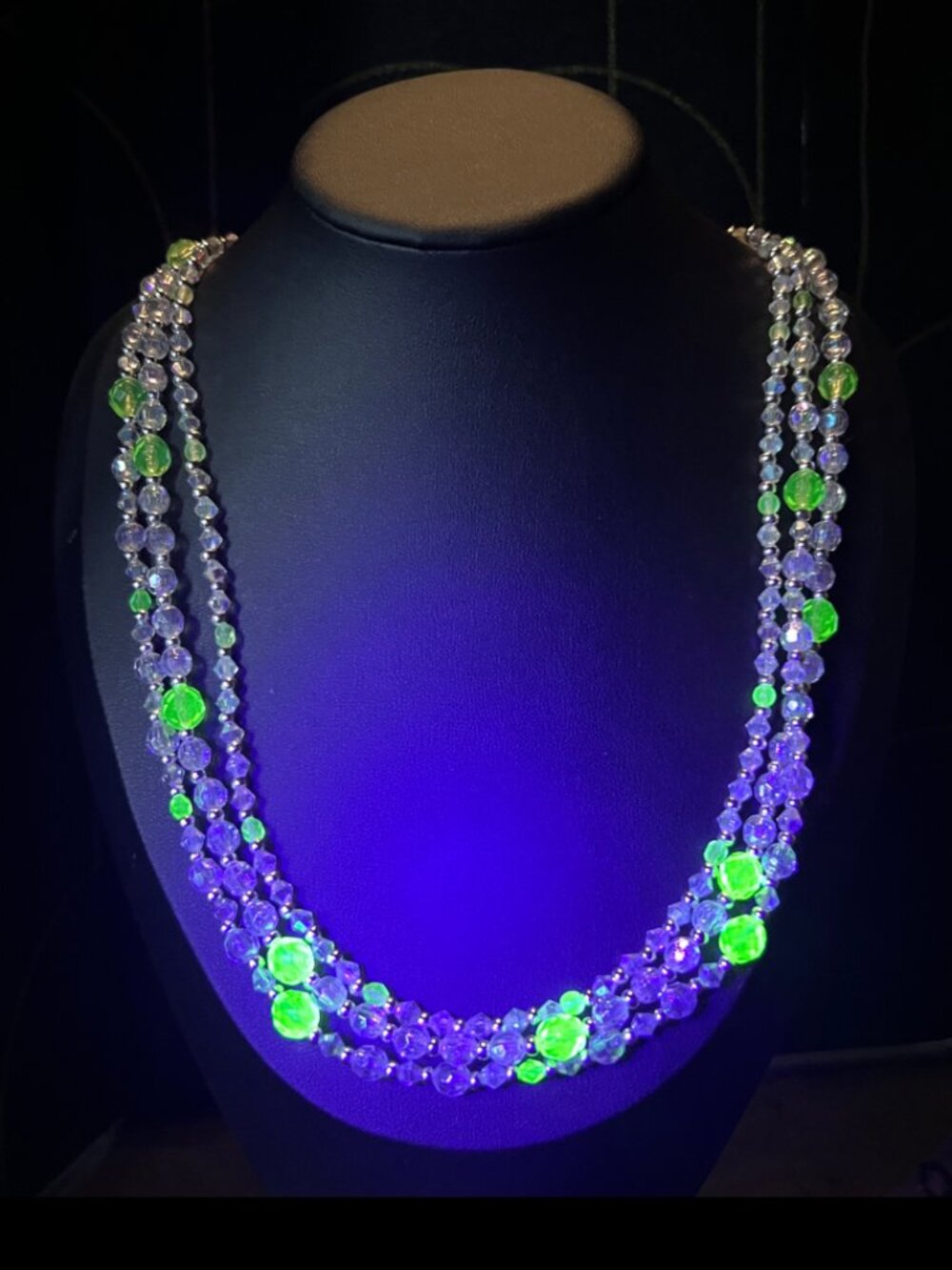 Handcrafted Uranium Glass Multi-Strand Beaded Necklace Glows Green UV Reactive